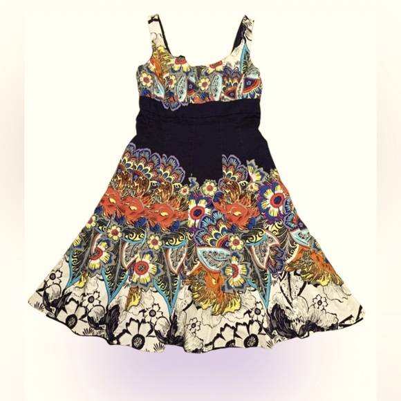 Nine West navy multi floral fitted flare dress Sz 8 - Picture 3 of 13